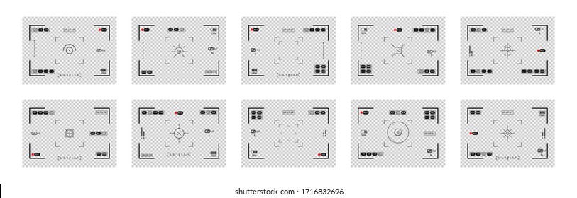 Set of photo camera viewfinders. Recorder cam display, rec viewfinders screen or movie recording preview vector set. Video recording screens on transparent background. Vector illustration EPS10.