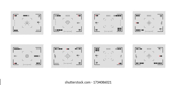 Set of photo camera viewfinders. Recorder cam display, rec viewfinders screen or movie recording preview vector set. Video recording screens on transparent background. Vector illustration EPS10.