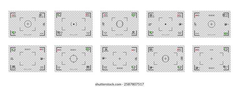 Set of photo camera viewfinders. Recorder cam display, rec viewfinders screen for movie recording preview vector set. Video recording screens on transparent background.