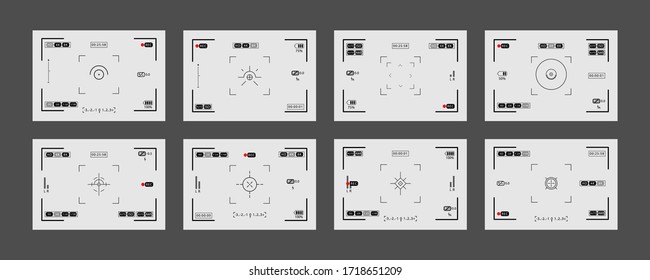 Set of photo camera viewfinders. Various layouts of camera screens or displays with frames, figures and battery symbol. Vector illustration EPS10.