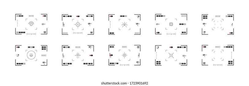 Set of photo camera viewfinders. Various layouts of camera screens or displays with frames, figures and battery symbol. Vector illustration EPS10.