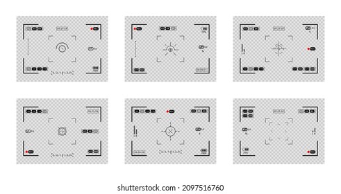 Set of photo camera viewfinders. Various layouts of camera screens or displays with frames, figures and battery symbol. Vector illustration EPS10.