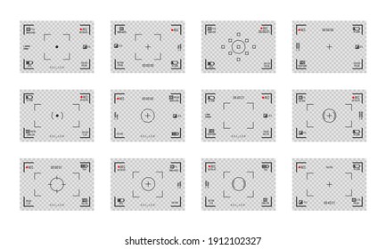 Set of photo camera viewfinders. Video recording screens on transparent background. Recorder cam display, rec viewfinders screen for movie recording preview vector set.