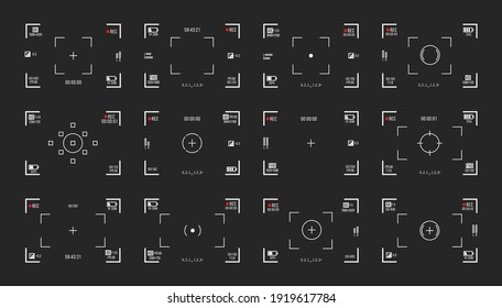 Set von Fotokamera-Sucher. Videoaufzeichnungsbildschirme auf transparentem Hintergrund. Recorder Cam Display, Rec-Sucher-Bildschirm für Film-Recording-Vorschau-Vektorset.