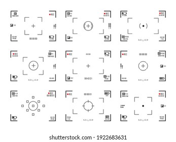 Set of photo camera viewfinders. Video recording screens on transparent background. Recorder cam display, rec viewfinders screen for movie recording preview vector set.