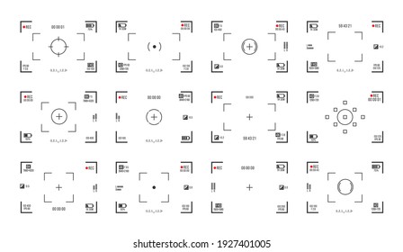 Set of photo camera viewfinders. Video recording screens on transparent background. Recorder cam display, rec viewfinders screen for movie recording preview vector set.