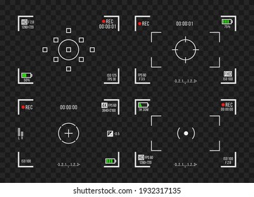 Set of photo camera viewfinders. Video recording screens on transparent background. Recorder cam display, rec viewfinders screen for movie recording preview vector set.