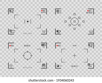 Set of photo camera viewfinders. Video recording screens on transparent background. Recorder cam display, rec viewfinders screen for movie recording preview vector set.
