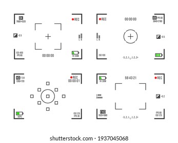 Set of photo camera viewfinders. Video recording screens on transparent background. Recorder cam display, rec viewfinders screen for movie recording preview vector set.