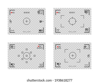 Set of photo camera viewfinders. Video recording screens on transparent background. Recorder cam display, rec viewfinders screen for movie recording preview vector set.