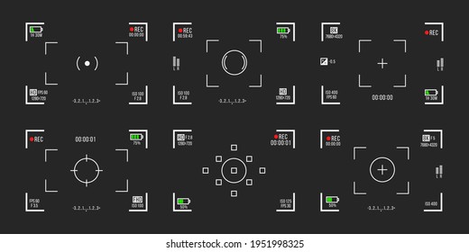 Set of photo camera viewfinders. Video recording screens on transparent background. Recorder cam display, rec viewfinders screen for movie recording preview vector set.