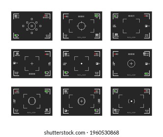 Set of photo camera viewfinders. Video recording screens on transparent background. Recorder cam display, rec viewfinders screen for movie recording preview vector set.