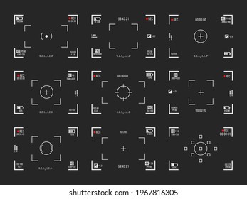 Set of photo camera viewfinders. Video recording screens on transparent background. Recorder cam display, rec viewfinders screen for movie recording preview vector set.