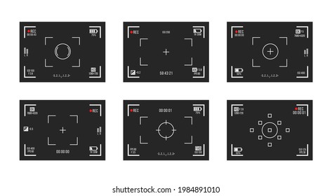 Set of photo camera viewfinders. Video recording screens on transparent background. Recorder cam display, rec viewfinders screen for movie recording preview vector set.