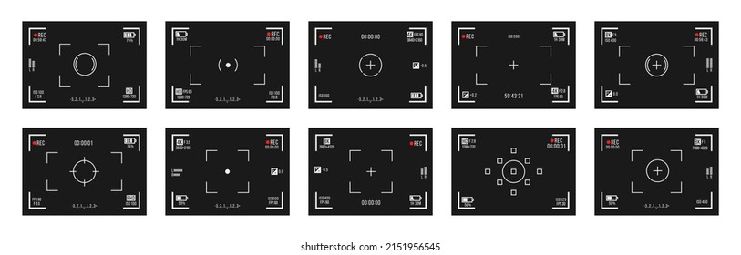 Set of photo camera viewfinders. Video recording screens on transparent background. Recorder cam display, rec viewfinders screen for movie recording preview vector set.