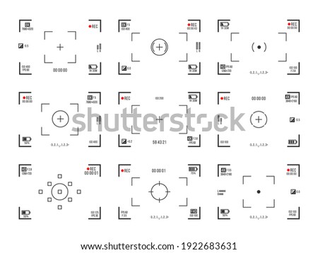 Set of photo camera viewfinders. Video recording screens on transparent background. Recorder cam display, rec viewfinders screen for movie recording preview vector set.