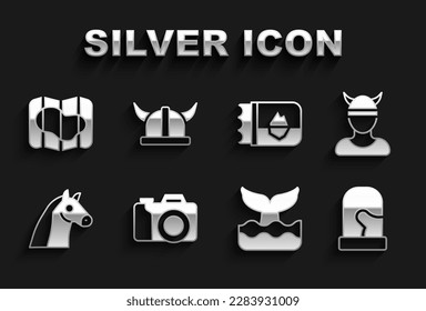 Set Photo camera, Viking head, Christmas mittens, Whale tail, Horse, Ticket Iceland, Map of and horned helmet icon. Vector