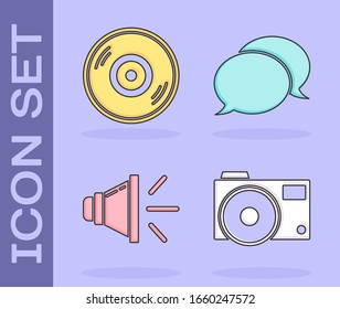 Set Photo camera, Vinyl disk, Speaker volume and Speech bubble chat icon. Vector