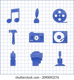 Set Photo camera, Virtual reality glasses, Shovel in the ground, Vinyl player with vinyl disk, Fitness shaker, Hammer, Film reel and Music note, tone icon. Vector