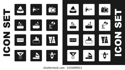 Set Photo camera, Water polo, Windsurfing, Yacht sailboat, Kitesurfing, Fishing harpoon, Flippers for swimming and Swimming pool icon. Vector