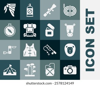 Set Photo camera, Wild lion, Rhinoceros, Sniper optical sight, Hiking backpack, Compass, Bandana or biker scarf and Lighter icon. Vector