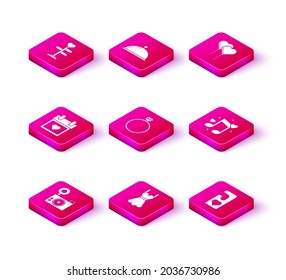 Set Photo camera, Woman dress, Calendar with heart, Diamond engagement ring, Please do not disturb, Music note, tone hearts, Balloons form of ribbon and Covered tray food icon. Vector