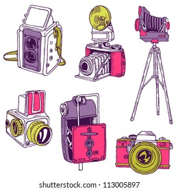 Set of Photo Cameras - hand-drawn doodles in vector