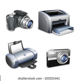 Set of photo cameras and printers. Vector