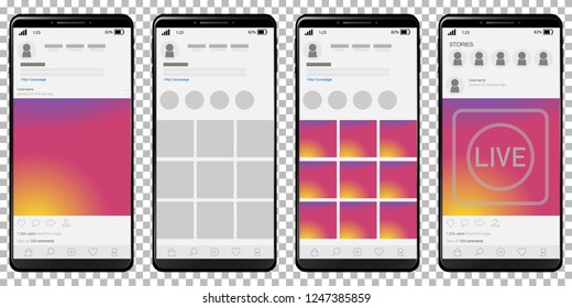 Set Of Photo Community Mockup Pages On Smart Phone With With Sunset Color Screen Background