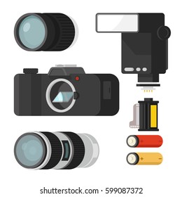 Set for photo deign with digital camera flash battery lens 
accumulator. Camera with lens removed. 3d flat vector illustration isolated on white  background