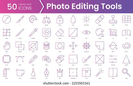 Set of photo editing tools icons. Gradient style icon bundle. Vector Illustration