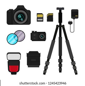 Set of photo equipment. DSLR camera, action camera, flash, tripod, lens and filters, battery charger and memory cards. Prefessional device. Modern technology. Isolated vector icons in flat style.