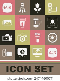 Set Photo frame 4, Camera shutter, focus line, mode macro, camera flash, 16 and film roll cartridge icon. Vector