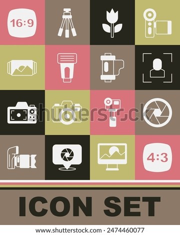 Set Photo frame 4, Camera shutter, focus line, mode macro, camera flash, 16 and film roll cartridge icon. Vector
