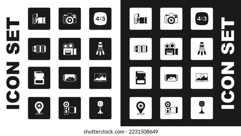 Ajuste fotograma 4, cámara de cine retro, lente fotográfica de cámara, trípode, retoque e icono de tarjeta SD. Vector