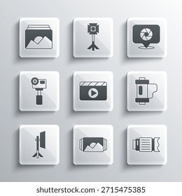 Set Fotorahmen, Kamera-Fotoobjektiv, Filmrollenpatrone, Filmklapper, Studio-Glühbirne in Softbox, Action-Extremkamera und Verschlusssymbol. Vektorgrafik