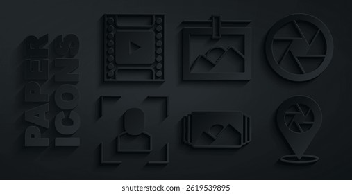 Set Photo frame, Camera shutter, focus line,  and film roll cartridge icon. Vector