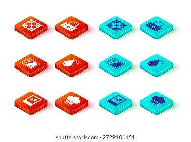 Set Photo frame, Chef hat, Folded map, Pear, First aid kit and Checkered napkin icon. Vector