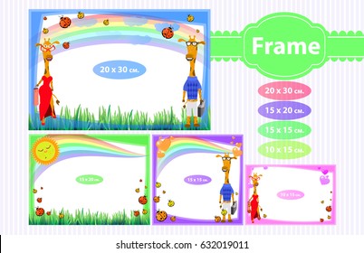 Set photo frame for the child. Illustrations for your design. Format for standard photo printing. Horizontal orientation. Giraffe lovers in the meadow