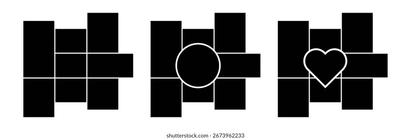 Set of Photo frame circle, square, hearts. Heart shape photo collage circle and rectangle. Collage templates, collage mood board art. Abstract geometric pattern photo frames template.