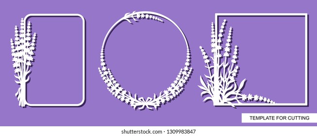 Set of photo frame with a lavender flowers pattern. White objects on a purple background. Template for laser cutting, wood carving, paper cut or printing. Plant theme. Vector illustration.