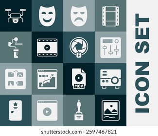Set Photo frame, Media projector, Sound mixer controller, Drama theatrical mask, Play Video, Gimbal stabilizer for camera, Drone flying and Camera shutter icon. Vector