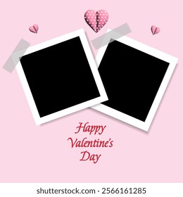 Set of photo frame mockup  scrapbook realistic with shadows and stickers on pink background for Valentine's Day. 3D vector hearts 