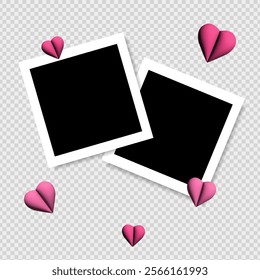 Set of photo frame mockup  scrapbook realistic with shadows and 3d pink hearts on background for Valentine's Day. 14 February vector illustration
