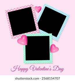 Set of photo frame mockup  scrapbook realistic with shadows and 3d hearts on pink background for Valentine's Day. Borders with different colors