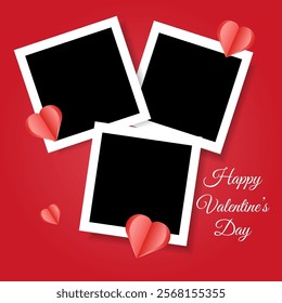 Set of photo frame mockup  scrapbook realistic with shadows and hearts on red background for Valentine's Day. 14 February. Paper cut vector hearts 