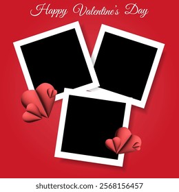 Set of photo frame mockup  scrapbook realistic with shadows and 3d red hearts on red background for Valentine's Day. 14 February vector illustration