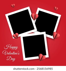 Set of photo frame mockup  scrapbook realistic with shadows and 3d red hearts on background for Valentine's Day. 14 February vector illustration