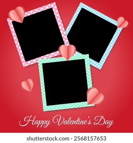 Set of photo frame mockup  scrapbook realistic with shadows and hearts on red background for Valentine's Day. 14 February. Paper cut vector hearts 