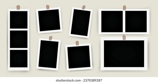 Set of photo frame mockups. Photo album template. Empty image for memory. Blank realistic postcard.